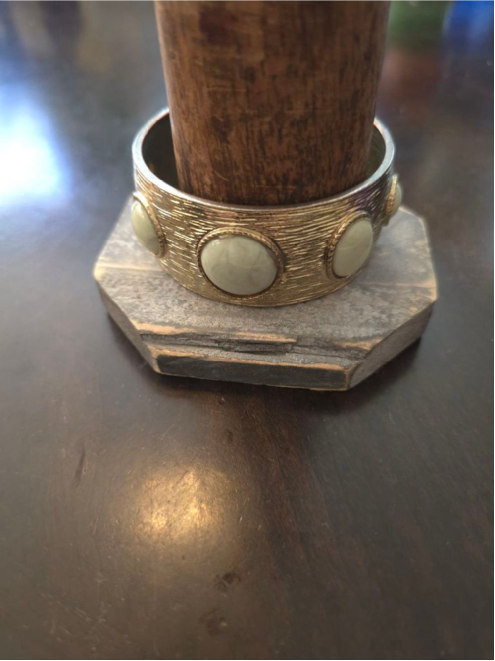 Vintage Gold Tone Light Mint Green Stone Cuff Bracelet Bangle Statement Piece
